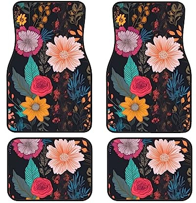 Automatten 4-teiliges Auto-Matten-Set mit buntem Boho-Blumendruck, Auto-Fußmatten, für vorne und hinten, universal