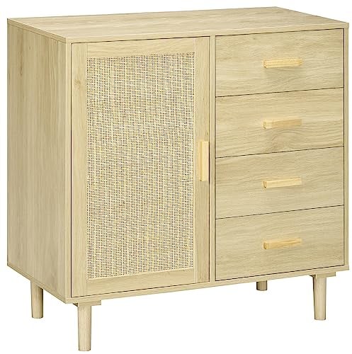 HOMCOM Aparador de Salón Estilo Cannage Buffet de Cocina con Puerta de Ratán 4 Cajones y Patas de Madera de Pino para Pasillo Entrada 80x38x80,5 cm Natural