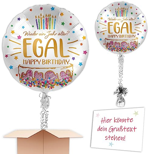 Heliumgefüllter Folienballon als Ballongruß zum Geburtstag Egal Ø 35cm mit Schmuckbändern und Ballongewicht fertig zum verschenken oder versenden an eine andere Lieferadresse