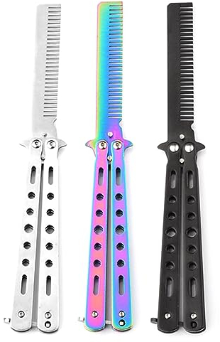 3pcs Butterfly Comb Colorful Metal Folding Comb Non-sharpened Balisong Training Tool Butterfly Trainer Comb for Beginner Practice Hair Beard Styling