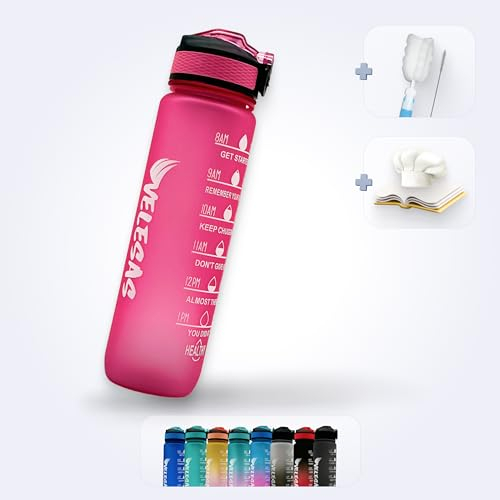 Velesas® 1l Wasserflasche mit motivierender Zeitmarkierung | Trinkflasche aus Tritan mit Strohhalm | Sportflasche für Schule, Arbeit, Fitnessstudio, Büro, Fahhrad, Wandern | BPA-Frei | Rosa