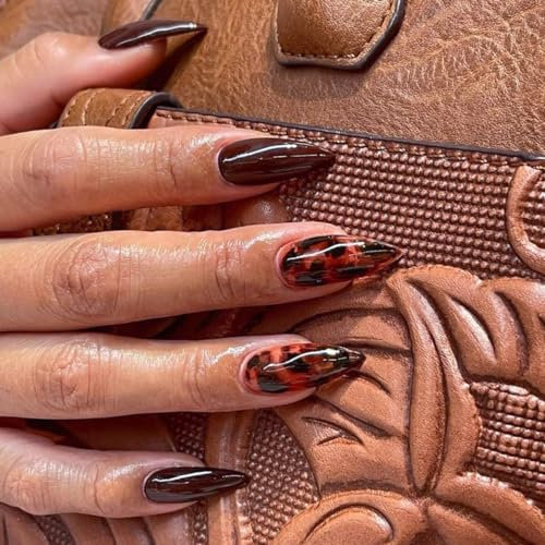 Sethexy Marron Lang Amande Ongles Press On Stiletto Automne Faux ongles Acrylique Faux ongles pour les femmes et les filles 24PCS (1)