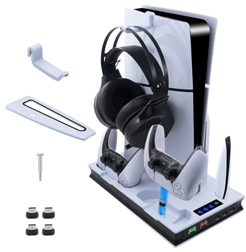 Mcbazel PS5/PS5 Slim/PS5 Pro Stand and Cooling Station with Dual Controller Charging Station for Playsation 5 Disc/Digital, PS5 Slim/PS5/PS5 Pro Cooling Stand with 3 Levels Cooling Fan-White