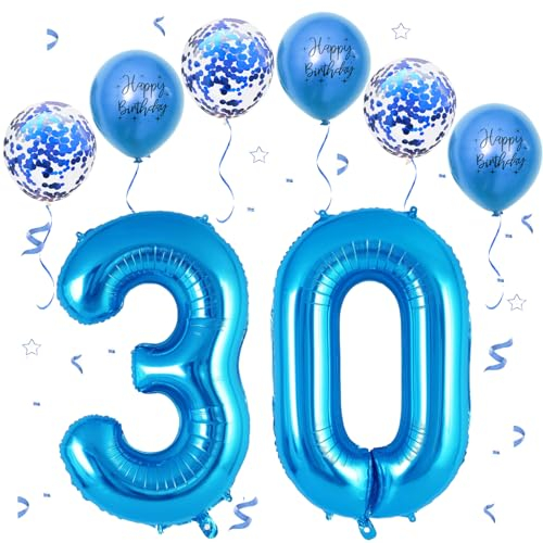 VUCDXOP Blau Luftballon 30, XXL Riesige Geburtstag Ballon 30, 40 - 101cm Ballon Zahl Deko Folienballon Zahlen 0 & 3, Geburtstagsdeko Jubiläum Party Deko, Fliegt mit Helium (Nummer 30)