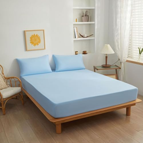 LSZHBSL Warm Spannbettlaken 180x200+27cm Superweiches Spannbetttuch mit Baumwolle-Füllung Verdicken Matratzenschoner Bettlaken für Matratze bis 27 cm Hohe Blau