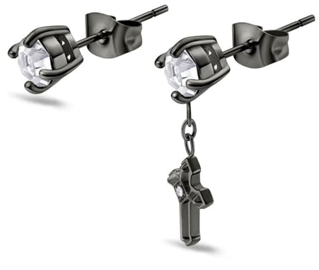 Police PEAGE0036502 Ohrringe für Herren mit grauem Kristall und Kreuz, Large, Edelstahl, Kein Edelstein