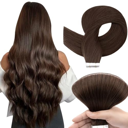 TESS Tape Extensions Echthaar 20 Stück, 40 cm #4 Mittelbraun, 50G/Pack Skin Weft Echthaar Extensions Tape 2.5g/stk Glatt Remy Haarverlängerung
