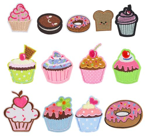 YOCDNOV 13 Stück Patches zum Aufbügeln - Cupcake Stickere Aufnäher Kinderkleidung Tasche Jeans DIY Süße Stickerei Bügelbilder Niedliche Nähhandwerk für DIY Handwerk Ornamente Dekoration