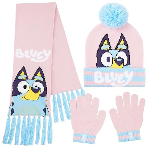 Bluey Mädchen Winter Accessoires Set, Mütze, Schal & Handschuhe oder Beanie & Handschuhe - Geschenke für Kinder (3-9 Jahre, Rosa Bluey 3-Teilig)