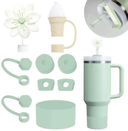 Stanley Tassen-Zubehör-Set: 6 Auslaufsichere Silikon-Stopfen, 2 Strohhalm-Abdeckkappen (9-10 mm), 1 Silikonmanschette für 1,2 l und 850 ml Becher (Matcha)