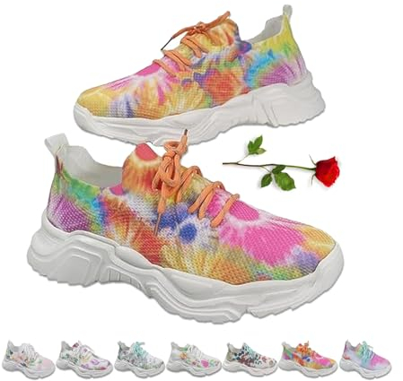 ZPLMIDE Orthopädische Damen-Sneaker mit Blumendruck, Schnürung, atmungsaktiv, orthopädische Sneaker, buntes Netzgewebe, rutschfest, dicke Schuhe (39 EU, Blumen-3)