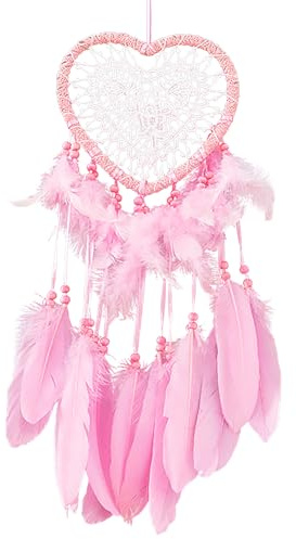 Pink Dream Catcher,Lovely Heart Shape Dreamcatcher Handmade Lace Dream Catcher Feather Bead Wall Hanging Boho Woven Art Ornament Gift Craft Dreamcatcher Wind Chimes for Bedroom Decor