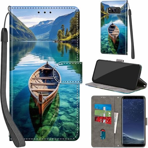 Case for Samsung Galaxy S8, Boat | PU Leather, 3 Card Holder, Wallet Book Flip, Folio Stand View, Magnetic, Multi-Pattern Cover, Lanyard Strap