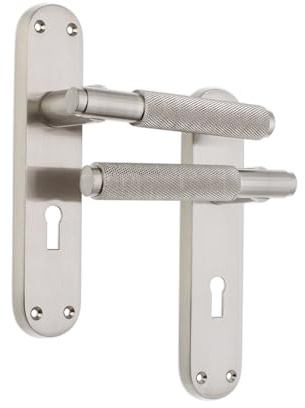 Infinity Decor Pair of Knurled Lever on Keyhole Backplate Lock Door Handles Set - Ideal for Interior & Exterior Doors (Satin Nickel)