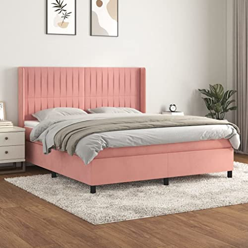 OHOOWOO Boxspringbett mit Matratze Rosa 180x200 cm Samt,Bequemes SamtBoxspringbett mit höhenverstellbarem Kopfteil und mittelharter Matratze in Rosa
