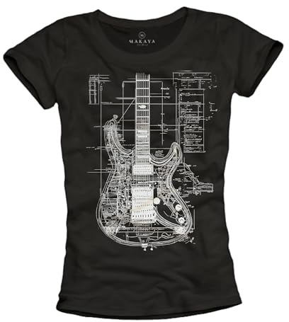 MAKAYA Damen T-Shirt mit Gitarrenmotiv Musik Geschenke Gitarren Print Top Design Rock Band Schwarz XL