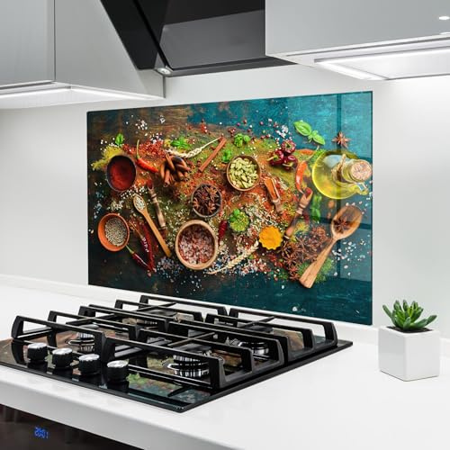 ARTHUB® Glass Kitchen Splashback 60x100 cm, Tempered Glass 4mm | Heat Resistant, Stove Splash Guard, Wall Protector, Food, Seasonings Mix