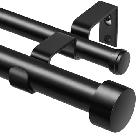 KAMANINA 1 Inch Double Curtain Rods 66 to 120 Inches (5.5-10 Feet), Heavy Duty Adjustable Double Curtain Rod for Windows, Black Drapery Rods with End Caps