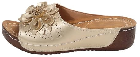 Pantofole da donna con plantare, in pelle, con plateau, gold, 40 EU