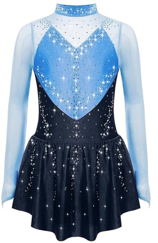 Jugaoge Mädchen Langärmellig Eiskunstlauf Kleider Glänzend Kürkleider Pailletten Tanzkleider Mesh Spleiß Gymnastik Turn Anzug Body mit Tutu Rock Dancewear