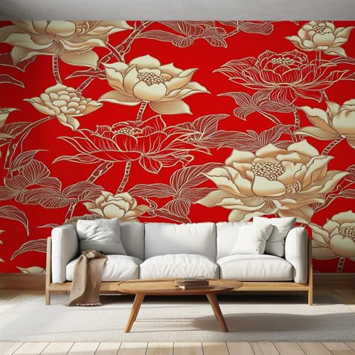 Lotus Wallpaper - Gold Red Floral Chinese Asian Oriental Wall Mural - Wall Murals for Living Room Bedroom - Photo Wallpaper & Home Decor Art - 130 x 80 cm D110