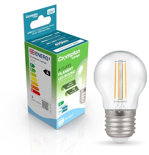 Crompton Lamps LED Ultra-Efficient Golfball 2.2W ES-E27 A-Class (40W Equivalent) 3000K Warm White Clear 470lm ES Screw E27 A-Rated Light Bulb