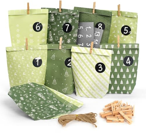 Adventskalender zum Befüllen Set,Geschenkidee für Familie,Kinder,Erwachsene | mit 24 Weihnachts-Papiertüten, Juteseil, Aufkleber& Holzklammern - Tradition und Vorfreude selbst gestalten