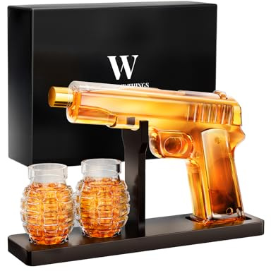 TheWineThings Novelty Whiskey Decanter Gift Set with 2 Grenade Glasses | Cool Decanter with Wooden Stand, Luxury Gift Box and Card, Unique Options for Men, Dad, Husband, and Military Enthusiasts
