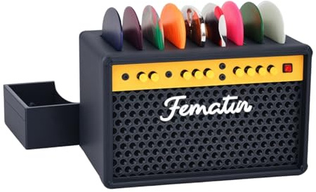 Fematin Guitar Pick Holder Box, Guitar Picks Display Case with 9 Celluloid Guitar Picks and 1 Metal Pick, Amp Speaker Styled Storage for Guitar Players and Music Enthusiasts