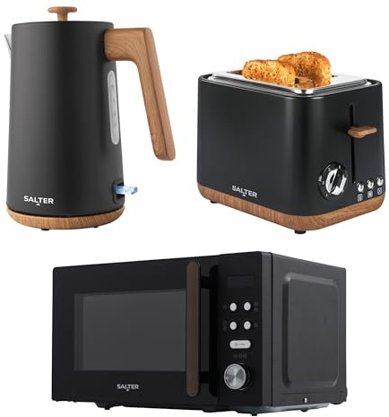 Salter Toronto Kettle, Toaster, Microwave Set – Kitchen Countertop Appliances, 1.7L Rapid Boil Kettle, 2-Slice Wide Slot Toaster, 20L Digital Microwave & 25.5cm Turntable, Black