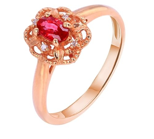 Homxi Trauring 750 Ring Damen Rosegold, Hohl Blume und Oval mit Erstellter Rubin 0,46 Karat und Moissanit, Rosegold Verlobungsringe Damen Ringe Größe 61 (19.4)