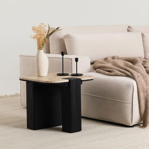 Couchtisch DELHI 50 cm aus Travertin und Mango Massivholz, Beige/Schwarz - Moderner Wohnzimmertisch, Design Beistelltisch, Sofatisch mit eingefasster Tischplatte, Clubtisch, Coffee Table modern