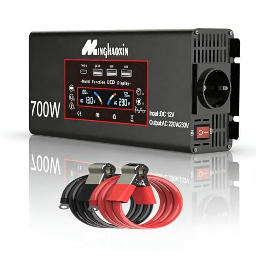 700W Spannungswandler 12v auf 230v Reiner Sinus Wechselrichter Power Inverter LCD Anzeige + EU Steckdosen und 3 USB Autoladegerät Für Auto KFZ Wohnwagen LKW
