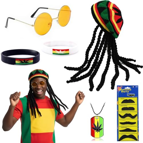YAEGIMHT 6-Teiliges Rasta Kostüm Set, Rasta Kleidung, Reggae Outfit,Dreadlocks Perücke, Ahornblätter Armband, Brille, Halskette, Falscher Bart, Geeignet für Halloween und Cosplay