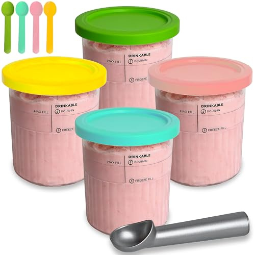 4er Set Eismaschine Zubehör Behälter mit Deckel 680ml BPA Frei Spülmaschinenfest Kompatibel mit NC500 NC501 Serie Inklusive Eisportionierer und Löffeln für Eiscreme Sorbet Gefrorene Desserts Creami