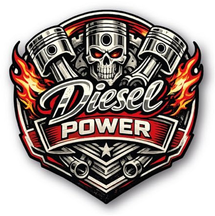 Aufkleber Diesel Power mit Totenkopf, Kolben Motor-Pistons und Flammen in Rot-Schwarz-Design | wetterfestes Vinyl Sticker | Retro-Stil | Stickerfreaks | 6x6cm (S)