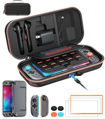 Auarte [Ladung Innen] Tasche für Nintendo Switch 2/OLED/Original, 4 in 1 Zubehör-Set mit 2 HD-Panzerglas,Schutzhülle,Daumenkappen, Tasche für Switch 2 Konsole mit 22 Spielkartenfächern (Schwarz)