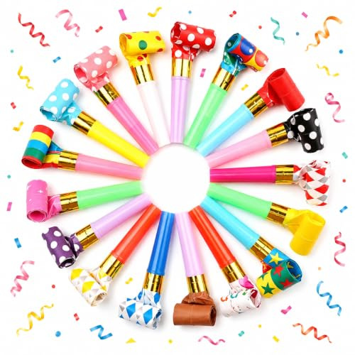 Galenecx 100 Pezzo Trompetas de Fiesta Silbato de Aire para Niños | Juguetes Divertidos, Matasuegras y Trompetas,Silbato Reutilizable, Papel para Cumpleaños, Navidad, Graduaciones, Carnaval