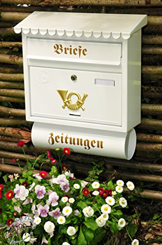 Schöner Design Briefkasten Retro FD in glatt weiss F/w großer Einwurf Zeitungsfach Zeitungsrolle Nostalgie