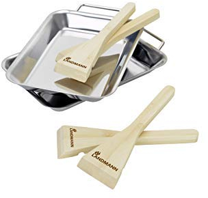 LANDMANN Selection Grillpfännchen-Set | 2 Edelstahl-Pfännchen & 4 Schaber aus Bambus | Geeignet für kleines Grillgut, Gemüse oder Grillkäse | Schaber als Griff einsetzbar & zum Entleeren [Edelstahl]