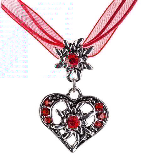 Trachtenkette elegantes Herz mit Strass und Edelweiss Anhänger Trachtenschmuck Kette für Dirndl und Lederhose Damen in vielen Farben (Rot)