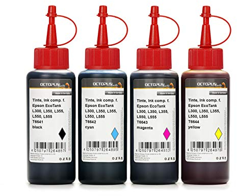 4x 500ml Tinte, Druckertinte kompatibel für Epson EcoTank L300, L350, L355, L365, L455, L550, L555, L565, L100, L200 Drucker, Nachfülltinte kompatibel für T6641, T6642, T6643, T6644 Schwarz, Cyan, Magenta, Yellow (kein OEM)