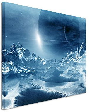 Paul Sinus Art 120x80cm Wandbild – Farbe Blau Petrol - Leinwandbild auf Keilrahmen in Bester Qualität - Computer Artwork Alien Planet