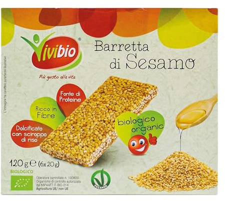 VIvibio Barretta di sesamo biologica - Ricca di fibre - Dolcificata con sciroppo di mais - Snack gustosi e deliziosi - 6 x 20 g