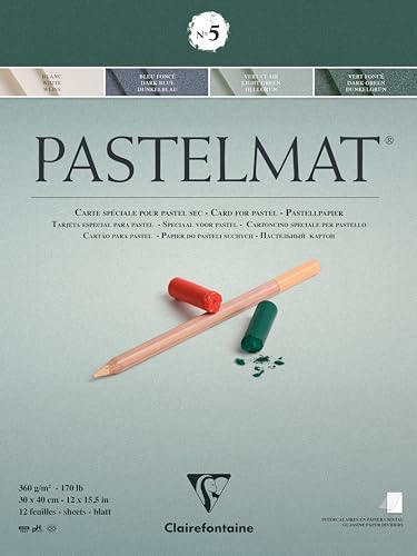Clairefontaine 96115C Zeichenblock Pastelmat (12 Blatt, 30 x 40 cm, 360 g, mit 4 transparenten Trennblättern, Spezielkarton ideal fur Pastell und Kreide) dunkelblau, hellgrün, dunkelgrün und weiß