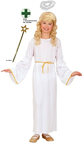 Karneval-Klamotten Engelskostüm Kinder Engel Kostüm Kinder Weihnachtsengel weiß-Gold lang MIT Heiligenschein Stab Kinderkostüm Mädchen Weihnachten