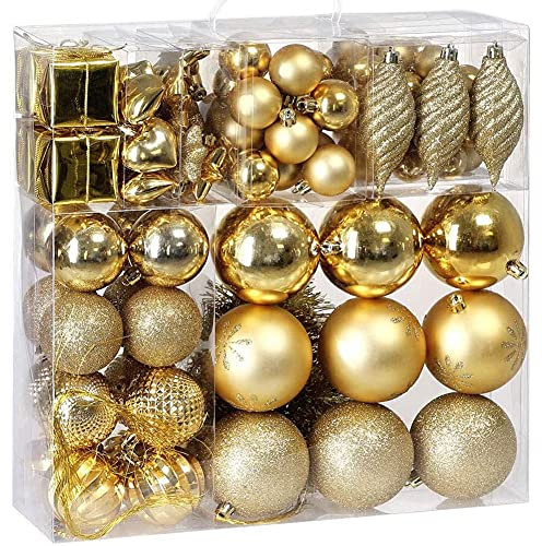 BAKAJI Addobbi per Albero di Natale 103 Pezzi Confezione Palline Cuori Stelle Coni Decorazioni Natalizie (Oro)