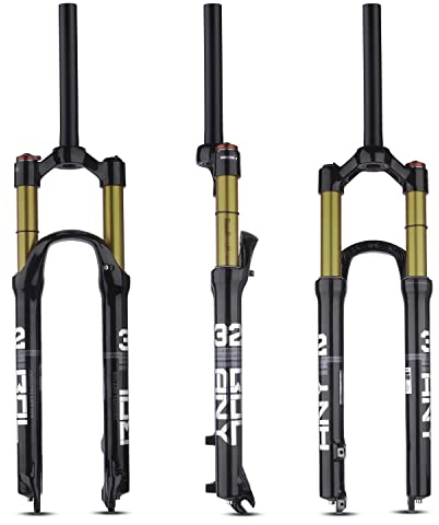 BOLANY 26/27,5/29 VTT Vélo Fourche Suspendue en Alliage de magnésium avec Direction Conique et Fourche Avant Droite (Verrouillage Manuel – Verrouillage à Distance), Noir + doré, 26