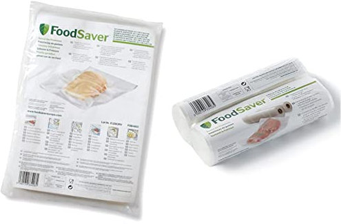 FoodSaver FSB4802-I 48 sacs pour appareil de mise sous vide 0,94 L Transparent & FoodSaver FSR2002-I Rouleaux de Mise sous Vide, pour Machine sous Vide Foodsaver, Pack de 2 (20cm x 6.7m Chaque)