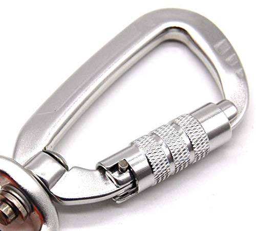 Sicherheitskarabiner Aluminium Bruchlast 400 kg mit Twistlock Schraub Sicherung und 360 Grad Dreh Wirbel 15 mm Silber